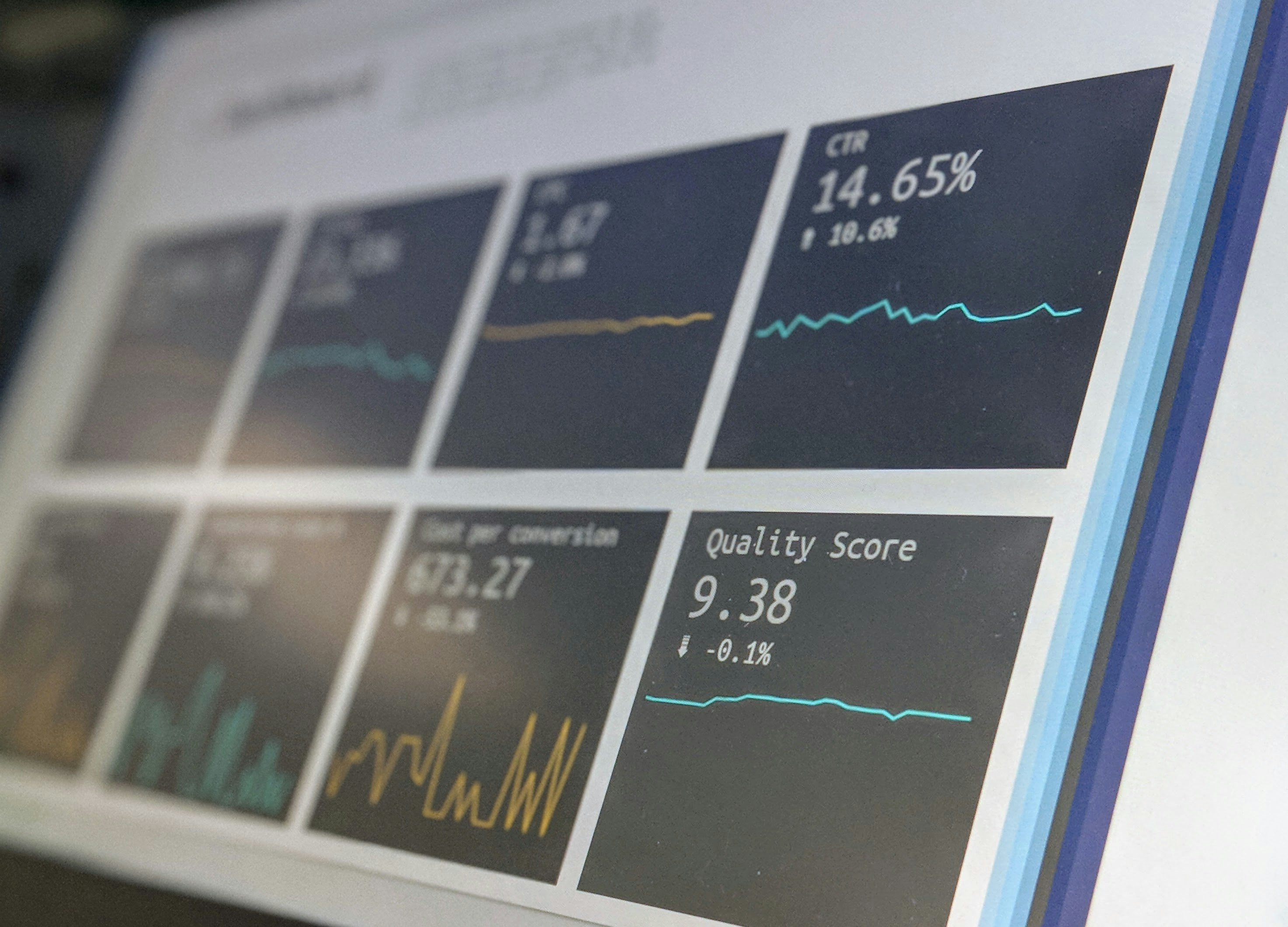 Close-up of a screen displaying charts and data